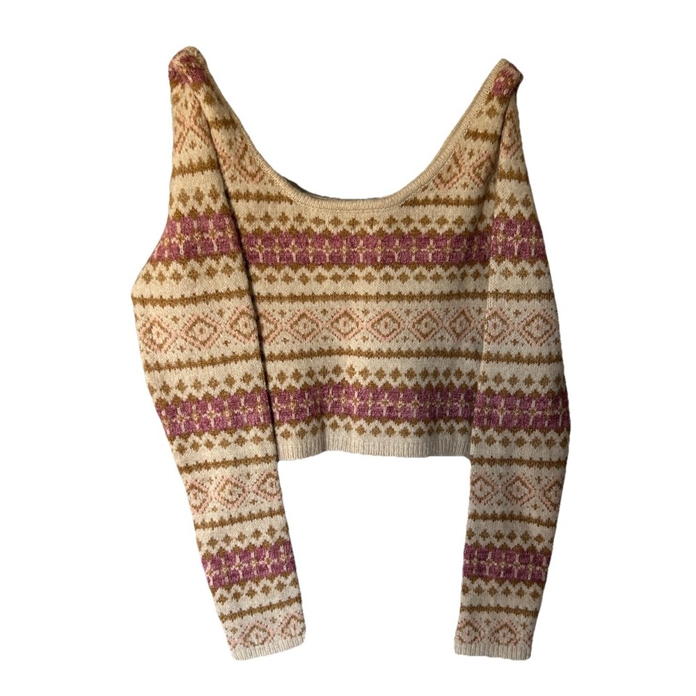 American Eagle‎ Cropped Fair Isle Sweater Lavender Cream Size S Cottagecore
